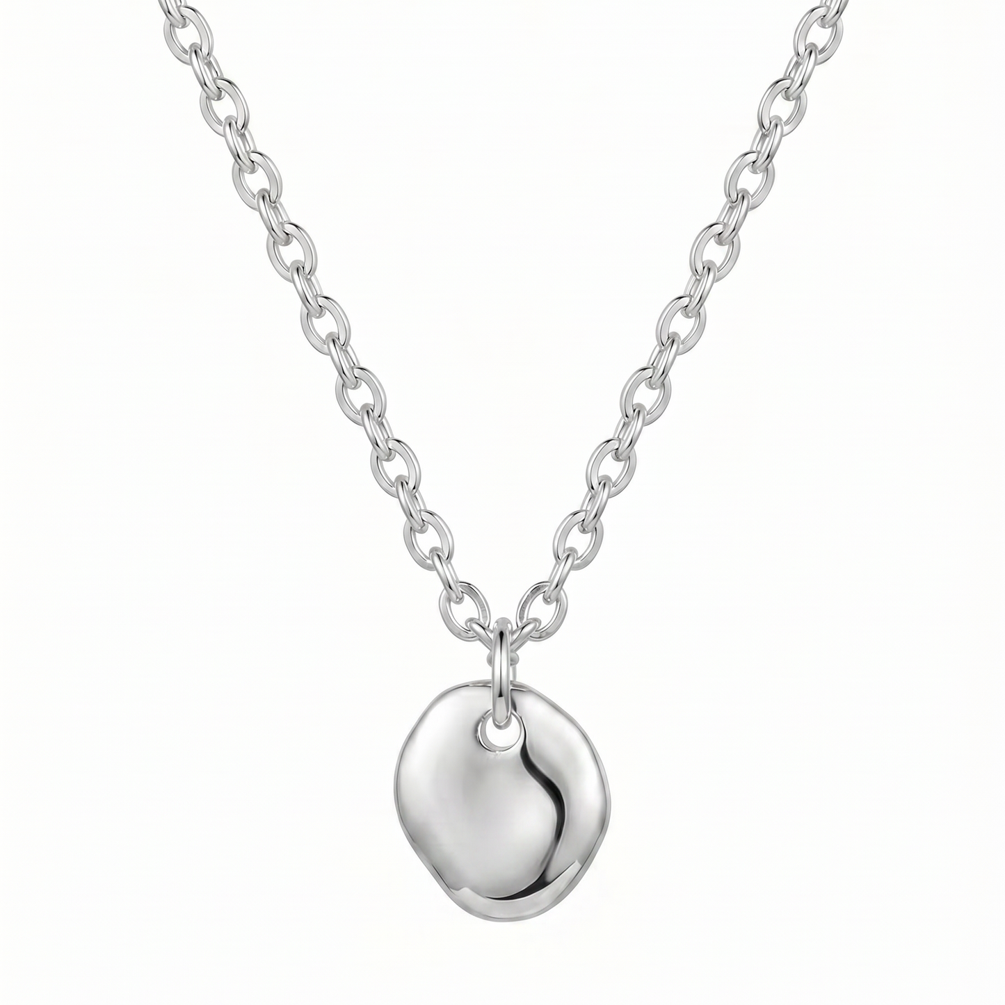 Silver necklace with a heart-shaped pendant on a white background