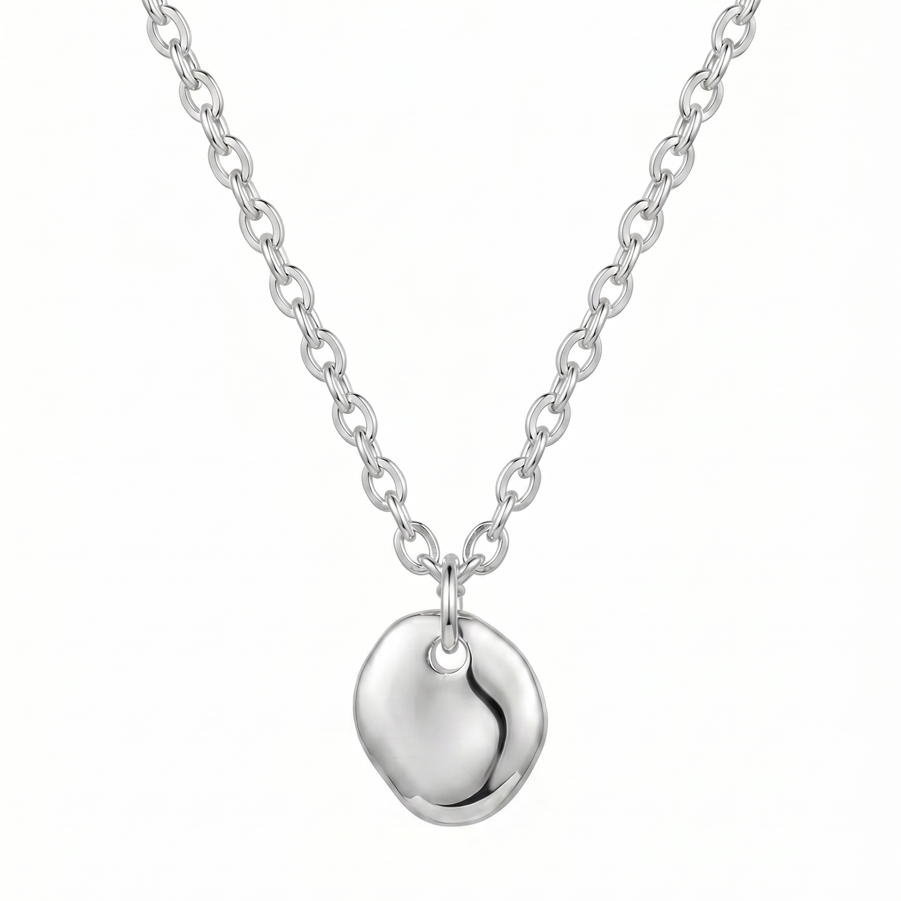 Silver necklace with a heart-shaped pendant on a white background